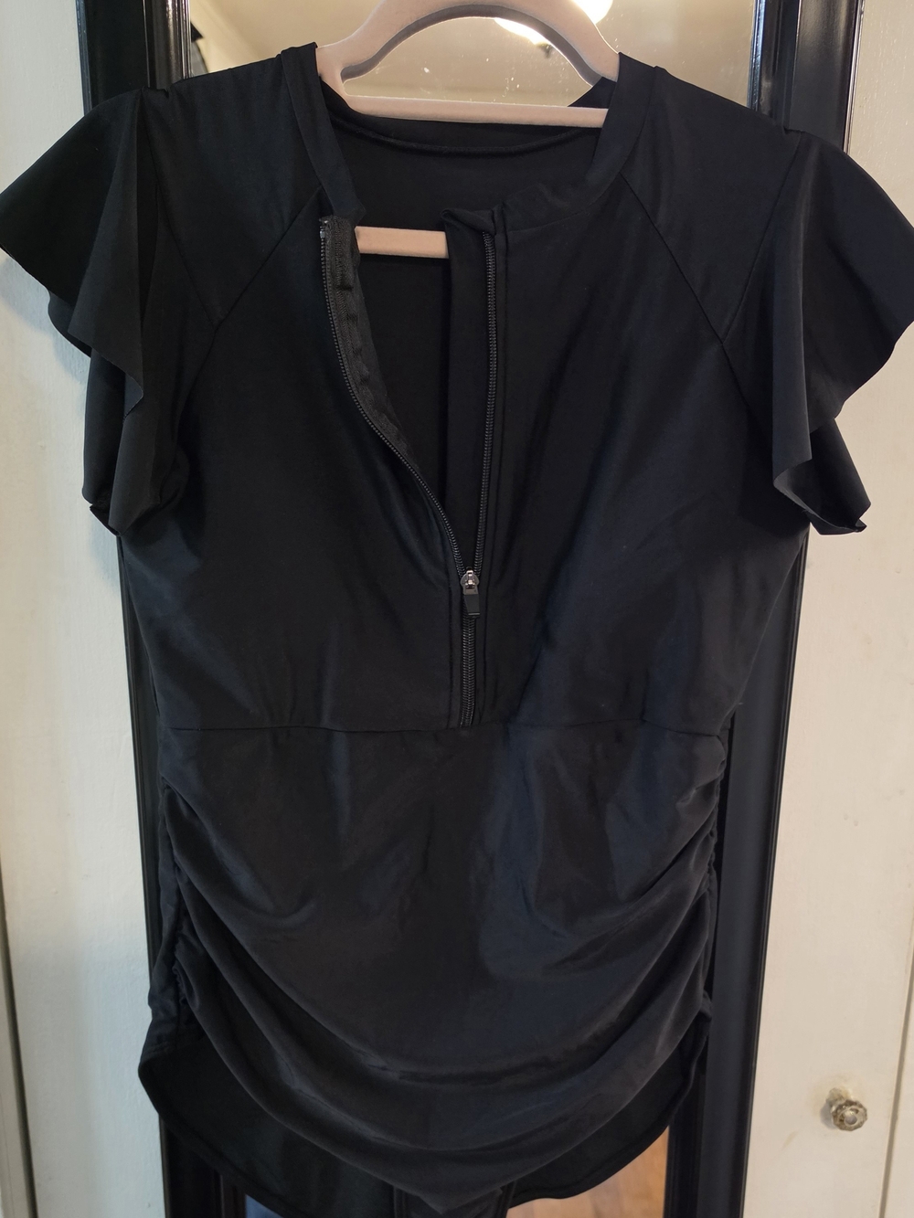 Black Zip Front Flutter Sleeve One Piece swimsuit